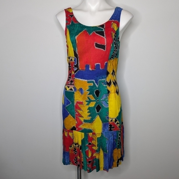 Vintage red yellow blue green abstract print sleeveless dress 9/10 - Picture 2 of 7